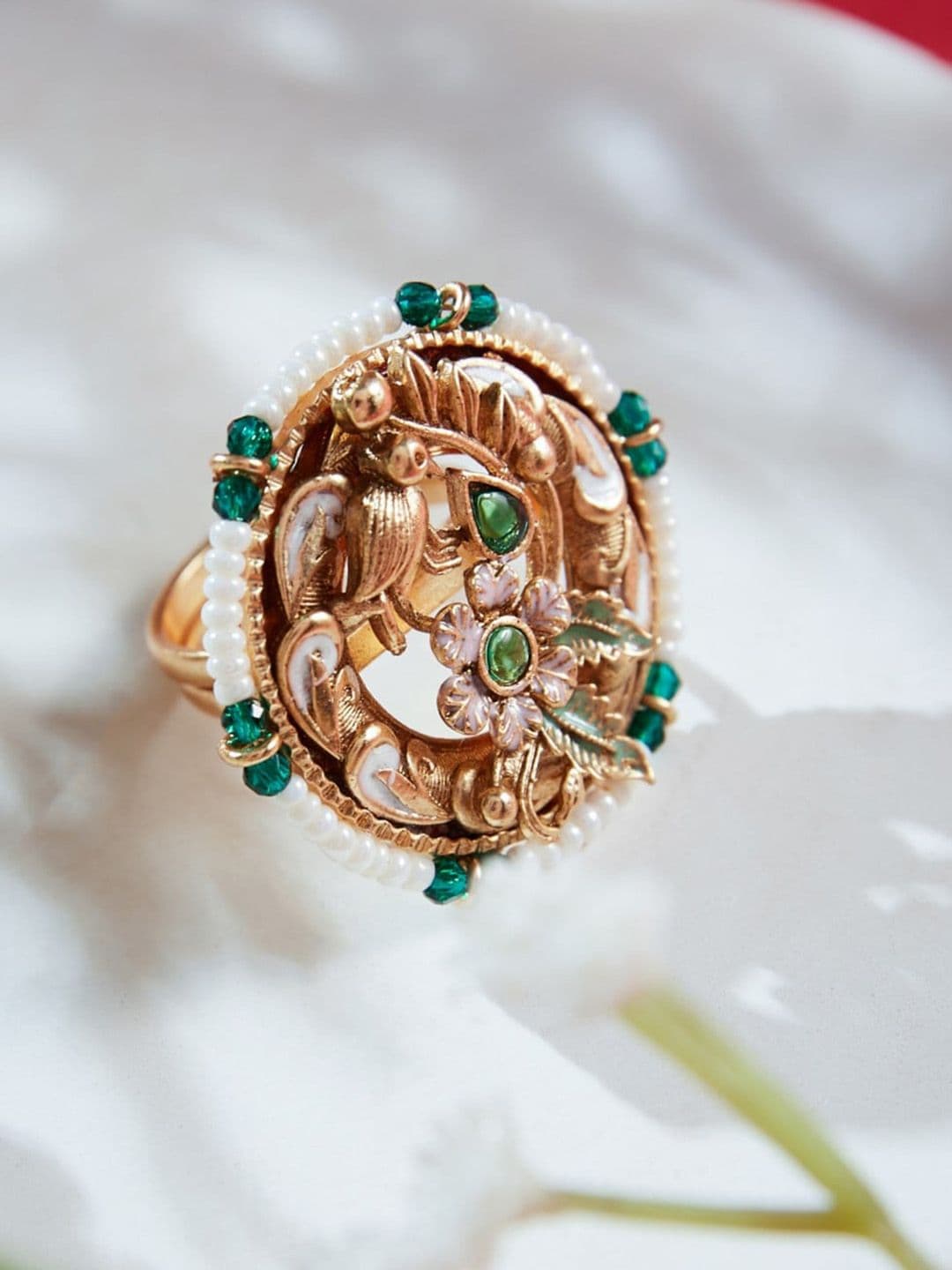 ATIBELLE Gold-Plated Kundan-Studded & Beaded Ring - Image 1