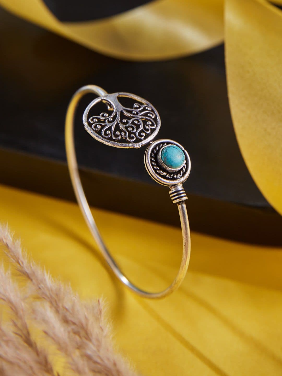 ATIBELLE Silver Plated Stones Studded Floral Shaped Adjustable Bangle