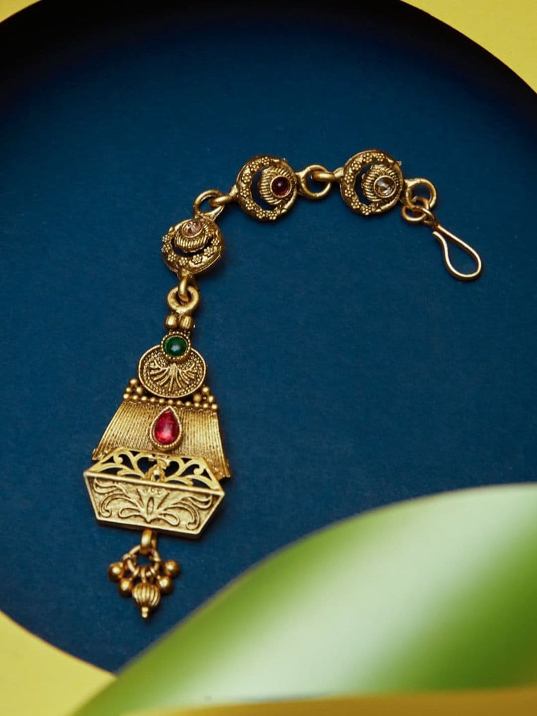 ATIBELLE Gold-Plated Artificial Stones and Beads Studded Maang Tikka Head Jewellery - Image 1