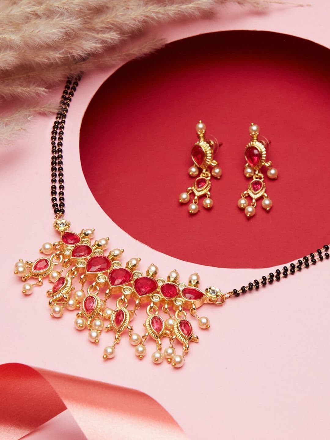 ATIBELLE Gold-Plated Stones Studded and Beaded Floral Shaped Mangalsutra - Image 1