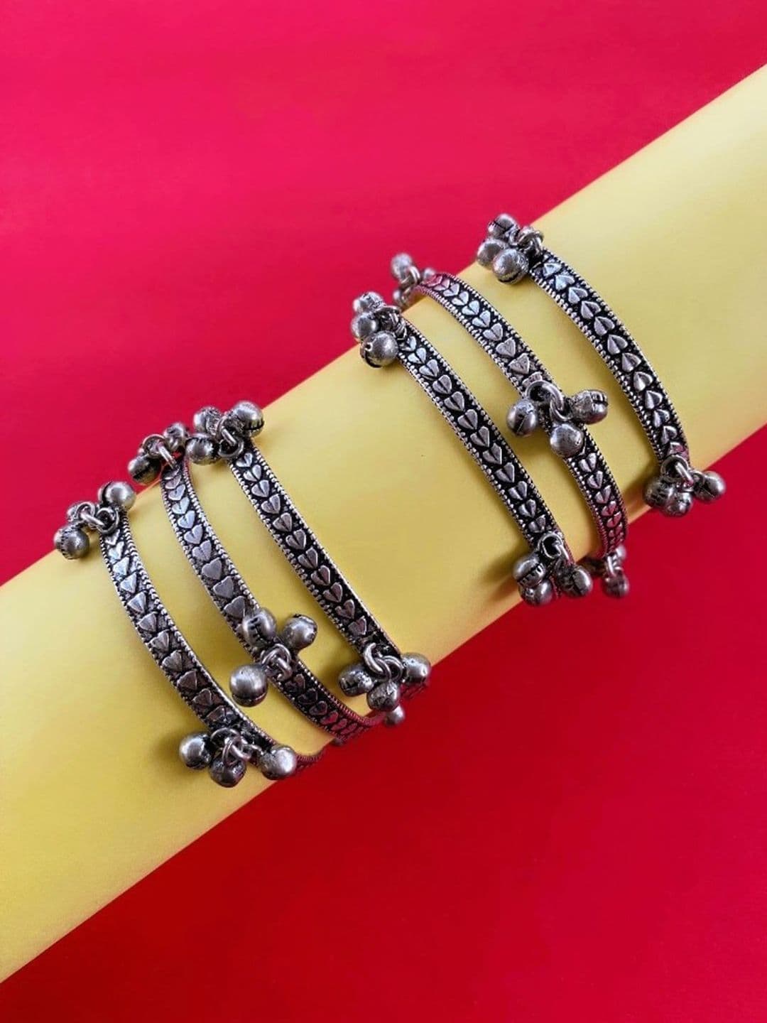 ATIBELLE Set Of 6 Silver-Plated Stones-Studded And Beaded Bangles