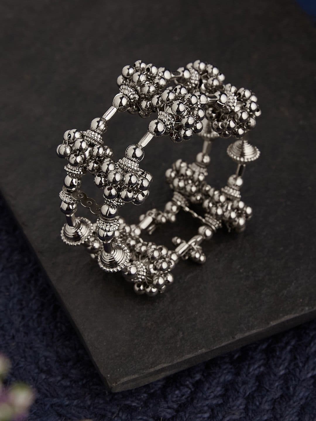 ATIBELLE Silver Plated Ghunghroo Beaded Adjustable Bangle