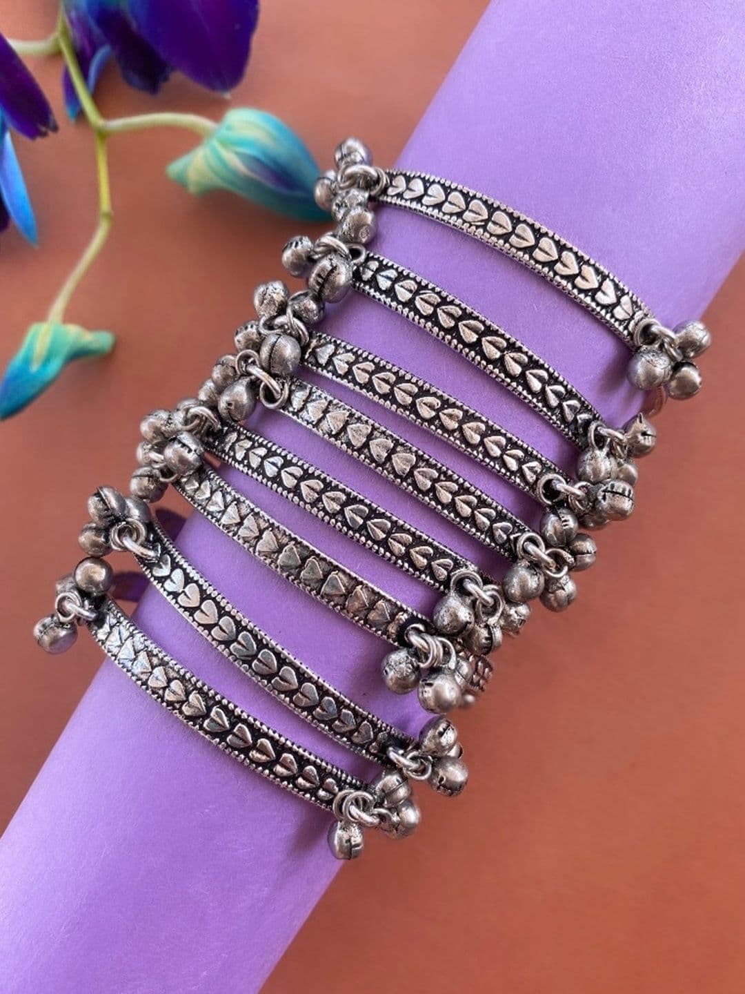 ATIBELLE Set Of 8 Silver-Plated Ghunghroo Stone-Studded Bangles
