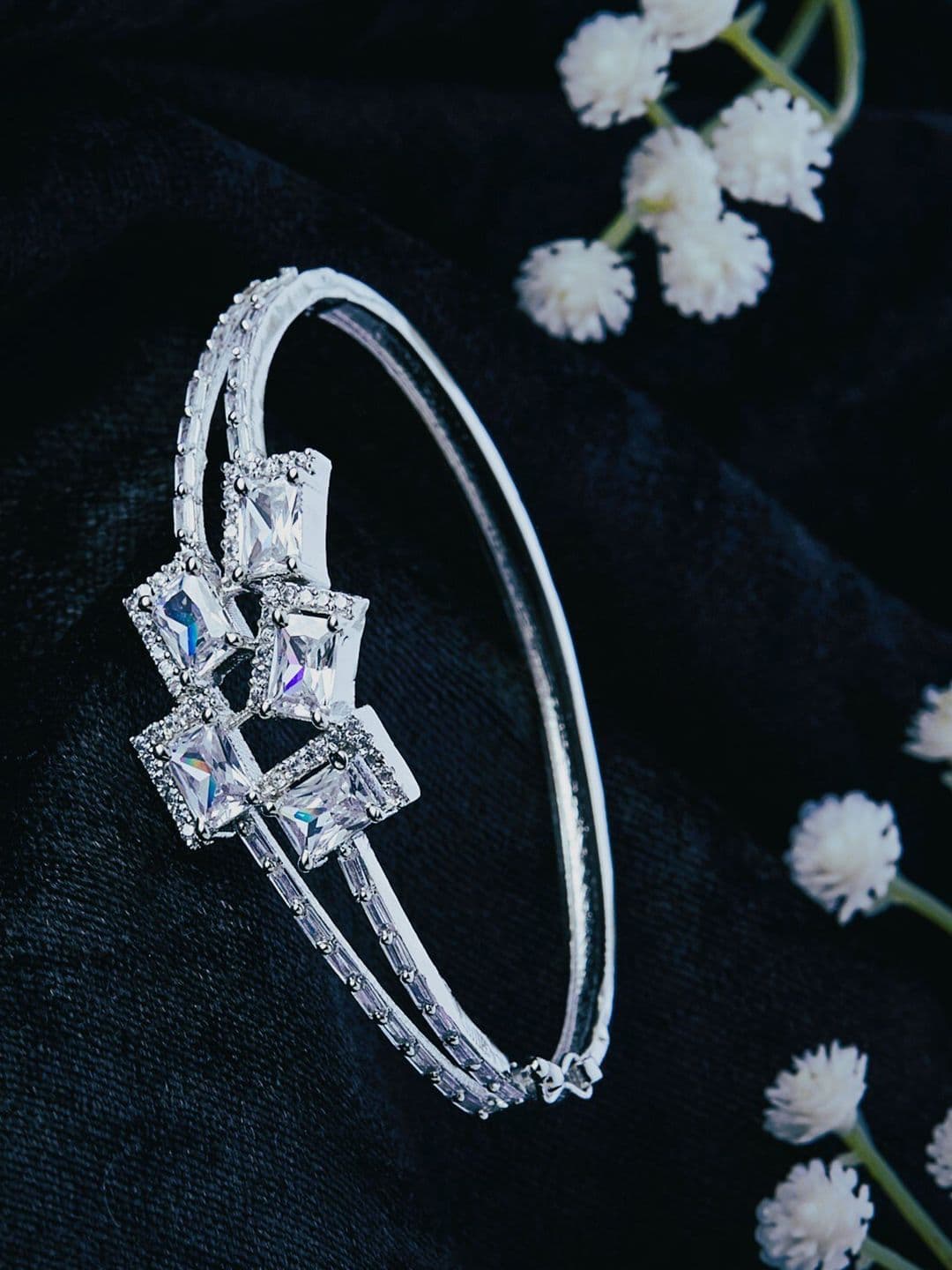 ATIBELLE Silver-Plated Cubic Zirconia Bangle-Style Bracelet - Image 1
