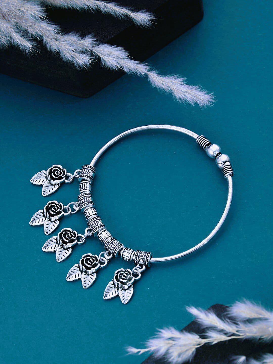 ATIBELLE German Silver Sliver-Plated Floral-Shaped Bangle - Image 1