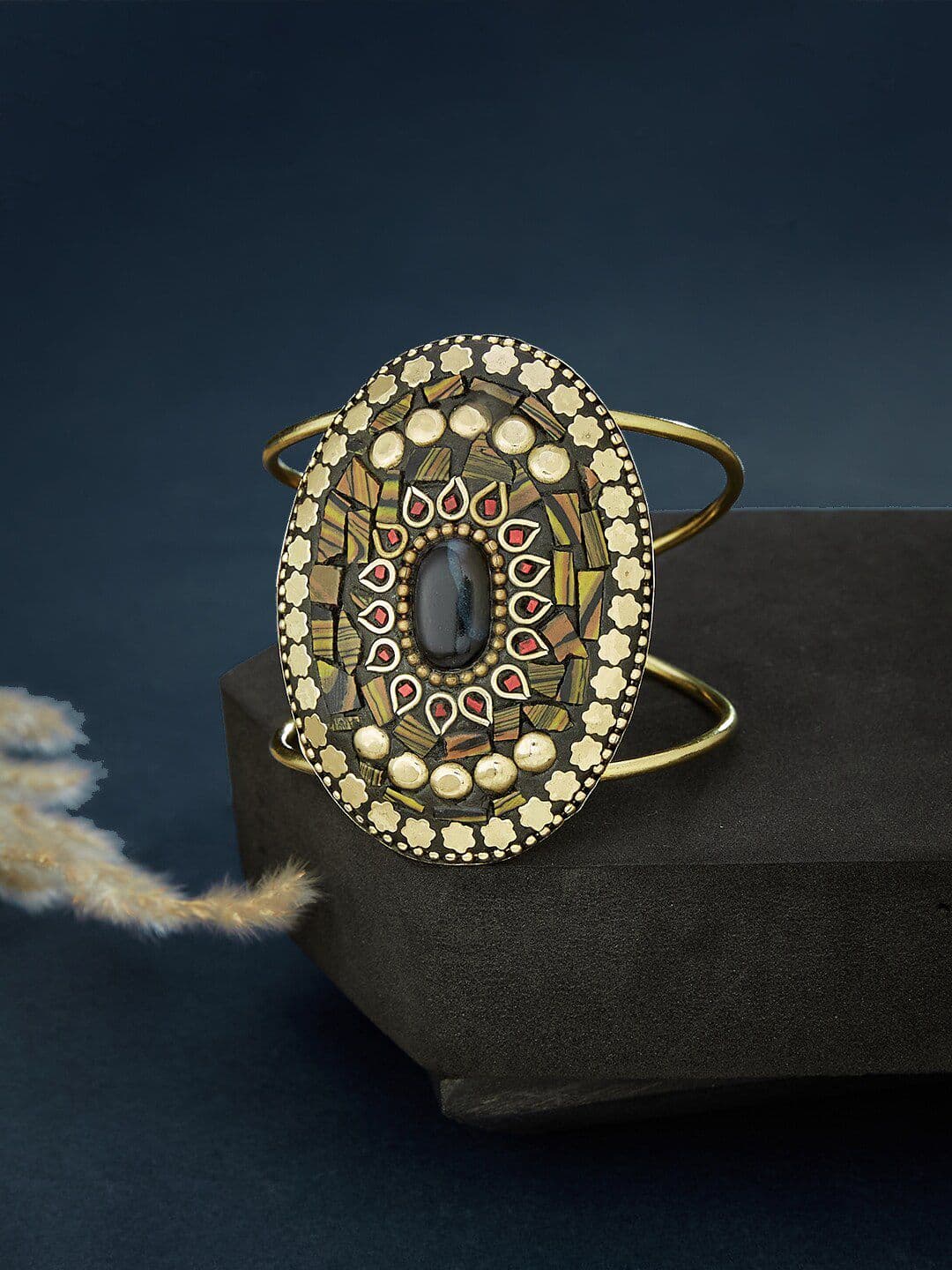 ATIBELLE Gold-Plated Stone & Studded Cuff Bangle - Image 1
