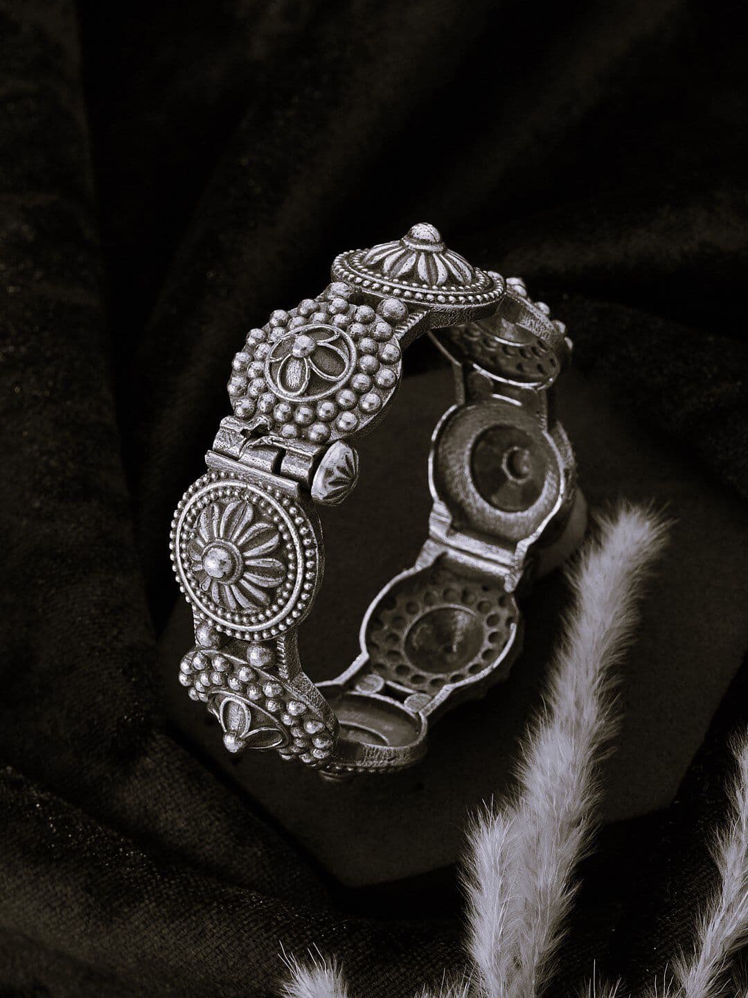 ATIBELLE Silver-Plated Floral Shaped & Textured Kada Bangle - Image 1