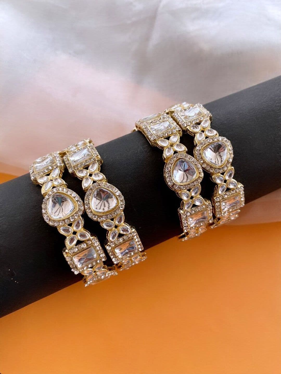 ATIBELLE Set Of 4 Gold Plated Kundan Studded Bangles - Image 1