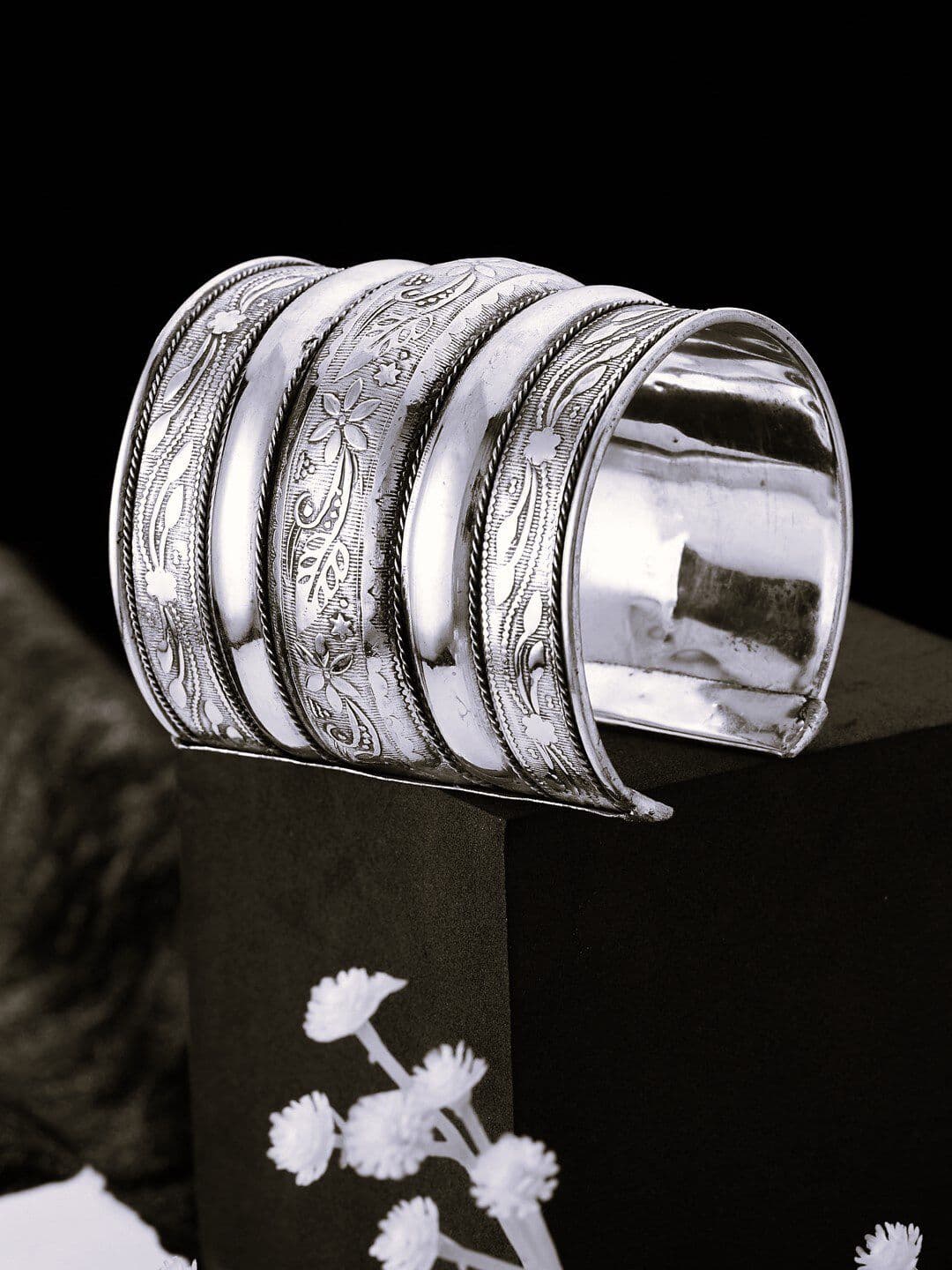 ATIBELLE Silver Plated Floral & Textured Cuff Bangle - Image 1