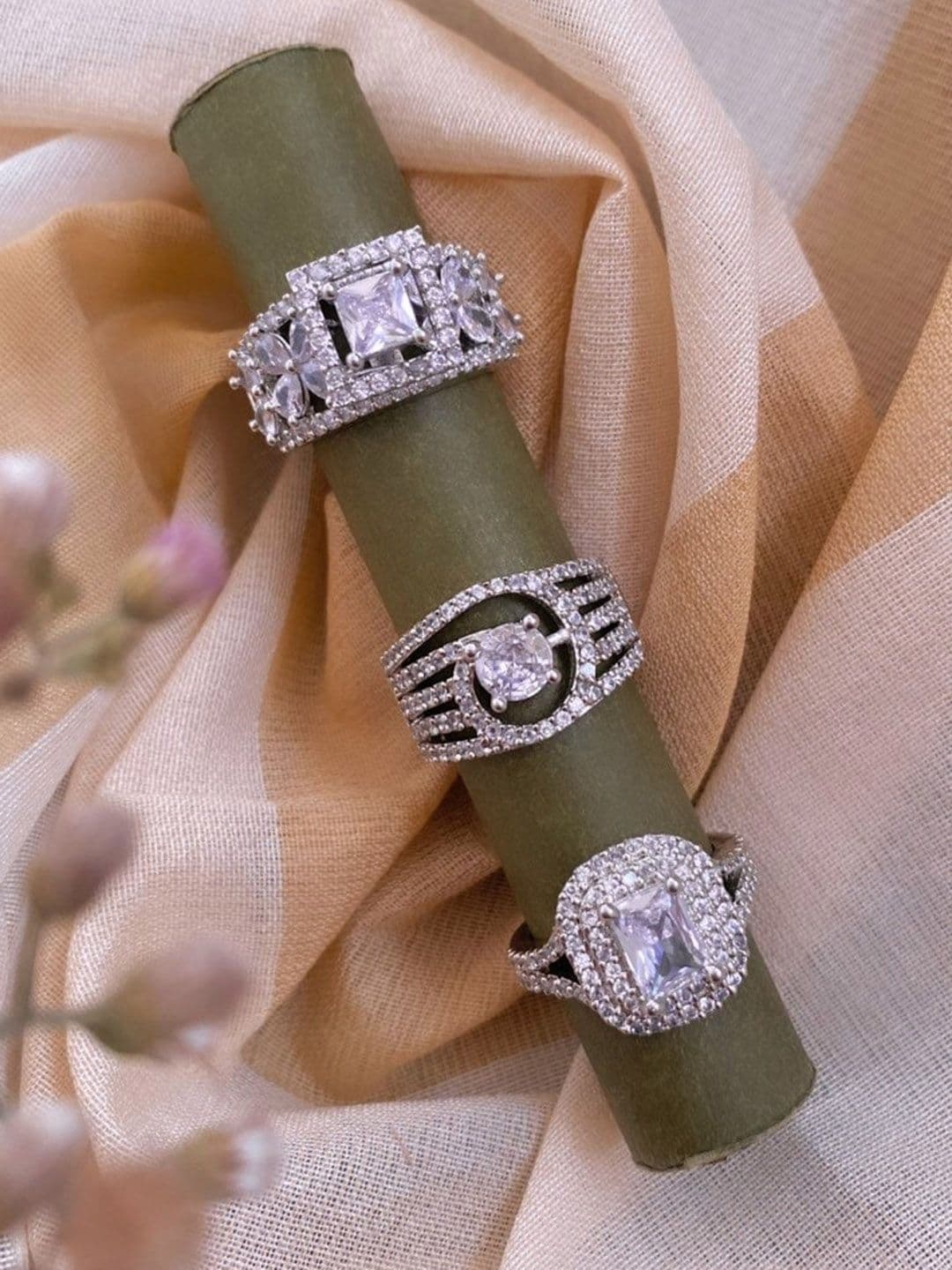 ATIBELLE Set Of 3 Silver-Plated Cubic Zirconia-Studded Rings - Image 1
