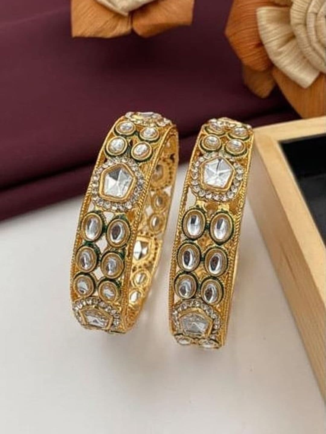 ATIBELLE Set Of 2 Gold-Plated Kundan-Studded Bangles - Image 1