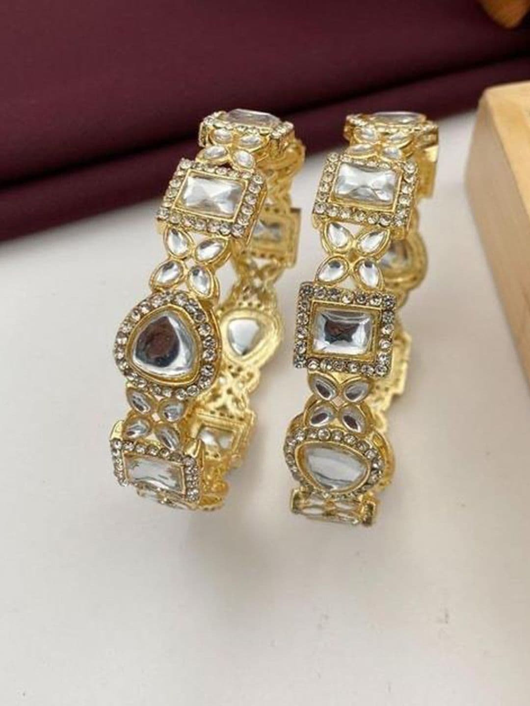 ATIBELLE Set Of 2 Gold-Plated Kundan-Studded Bangles - Image 1