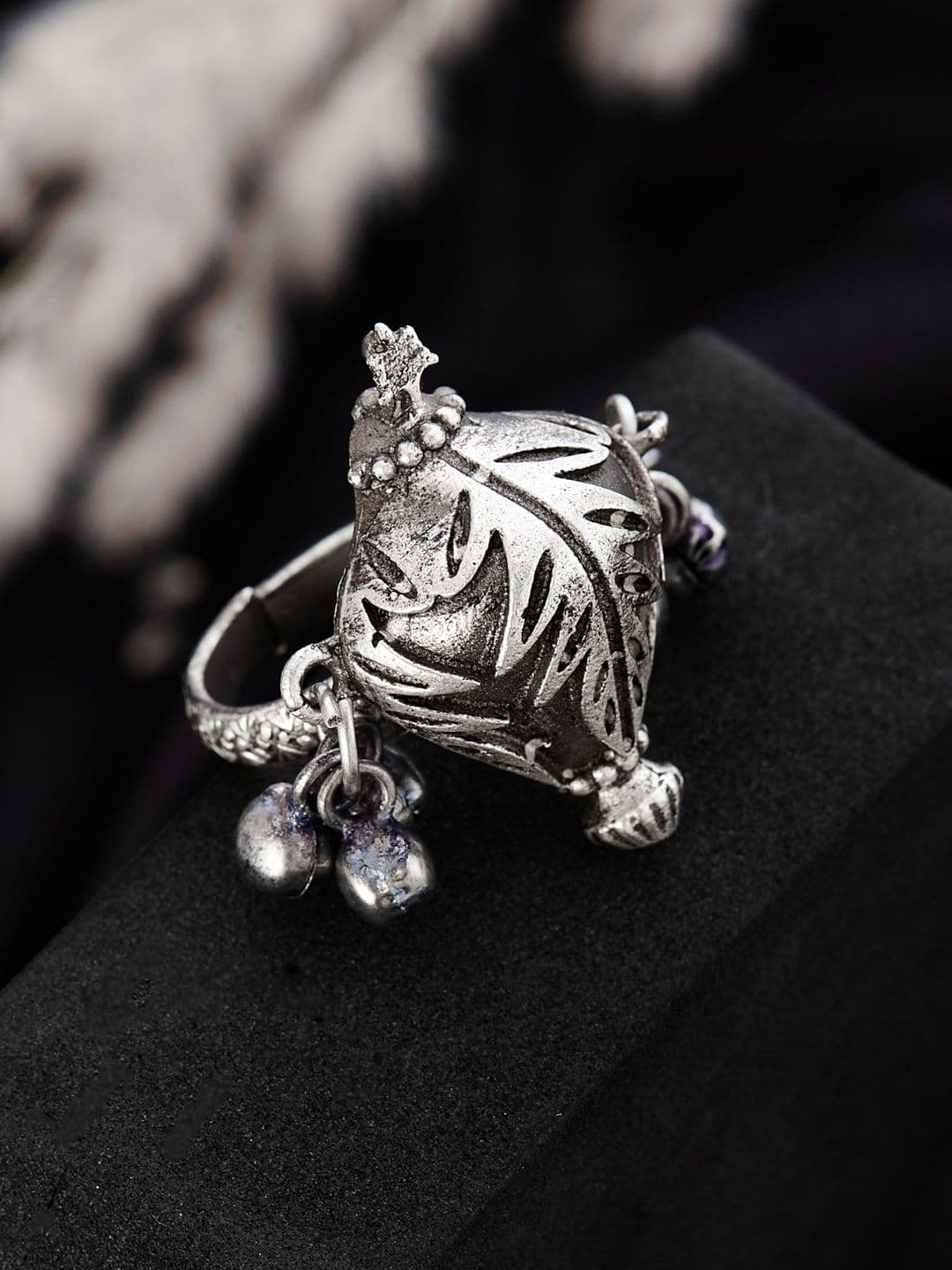 ATIBELLE German Silver Silver-Plated Floral Textured Adjustable Finger Ring - Image 1