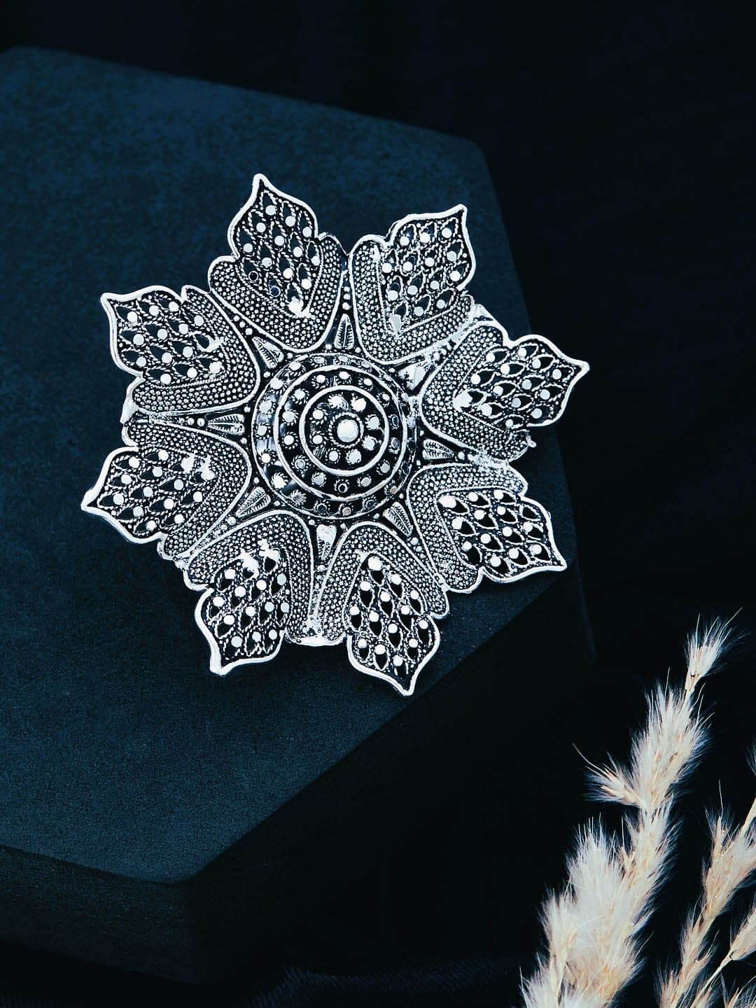 ATIBELLE Silver-Plated Floral Textured Adjustable Finger Ring - Image 1