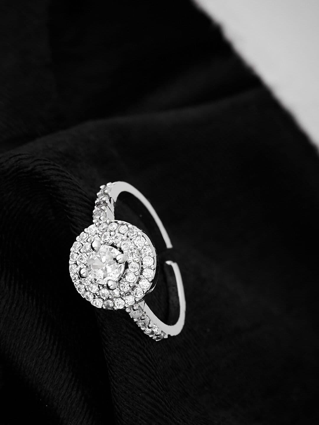 ATIBELLE Silver-Plated CZ Studded Round Shaped Adjustable Finger Ring - Image 1