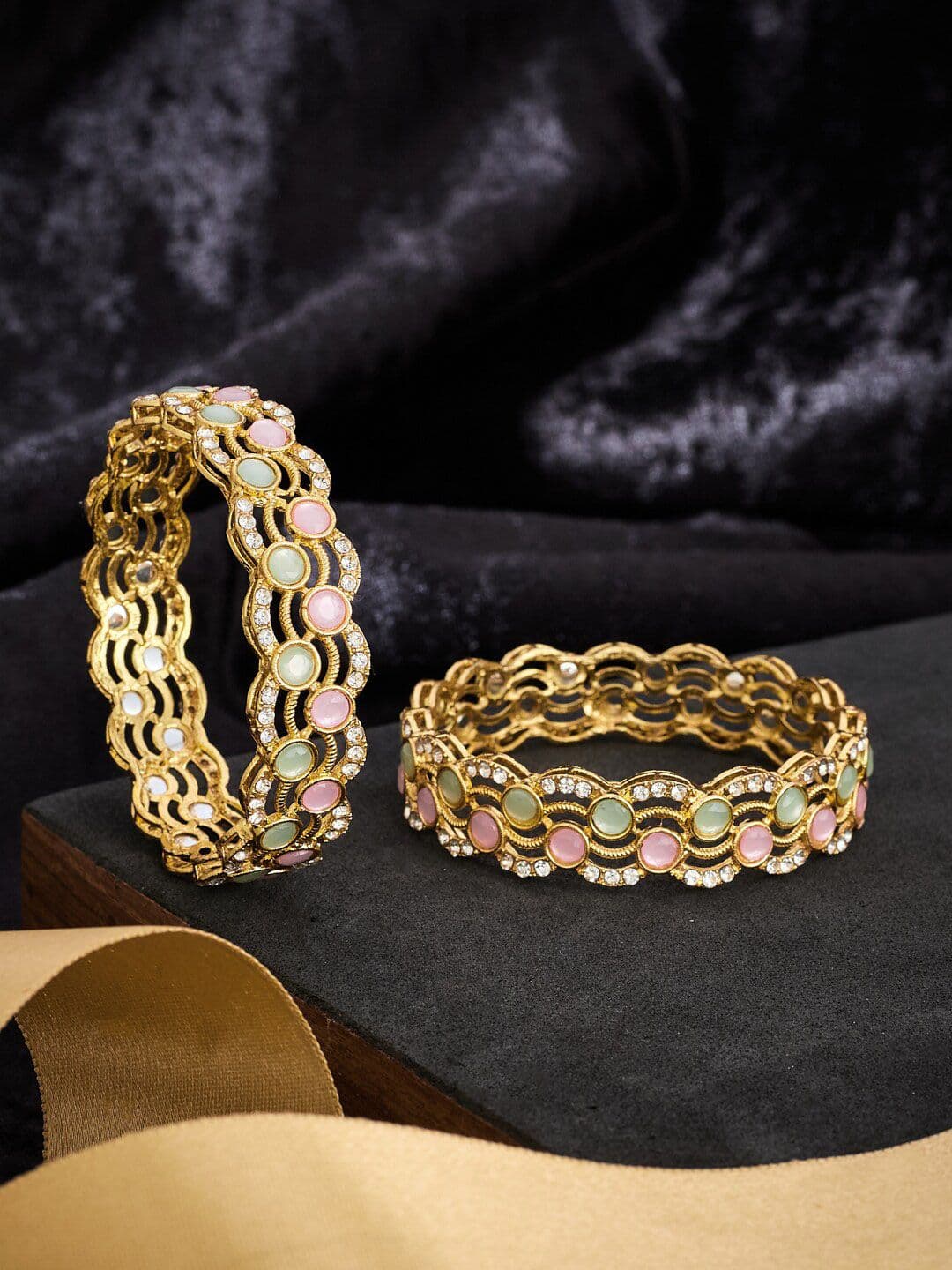 ATIBELLE Set Of 2 Gold Plated Stone Studded Bangle - Image 1