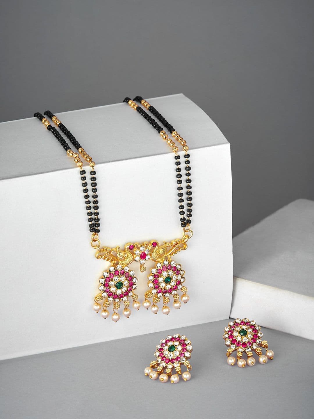 ATIBELLE Gold-Plated Stone-Studded and Beaded Mangalsutra With Earrings - Image 1