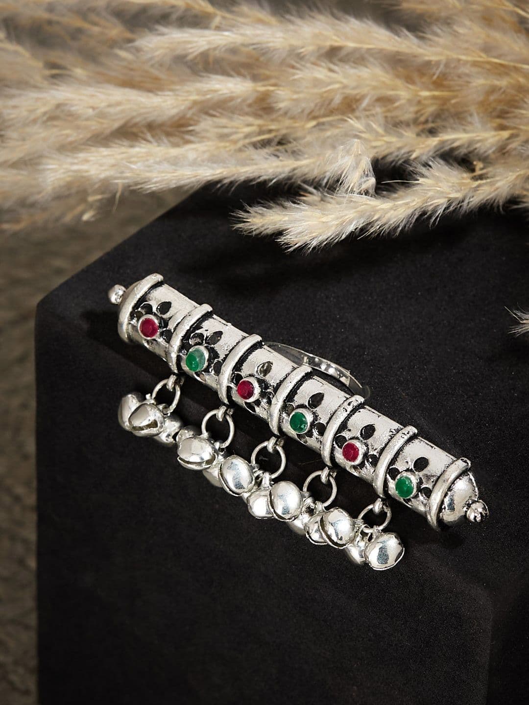 ATIBELLE German Silver-Plated Stone-Studded & Beaded Adjustable Finger Ring - Image 1