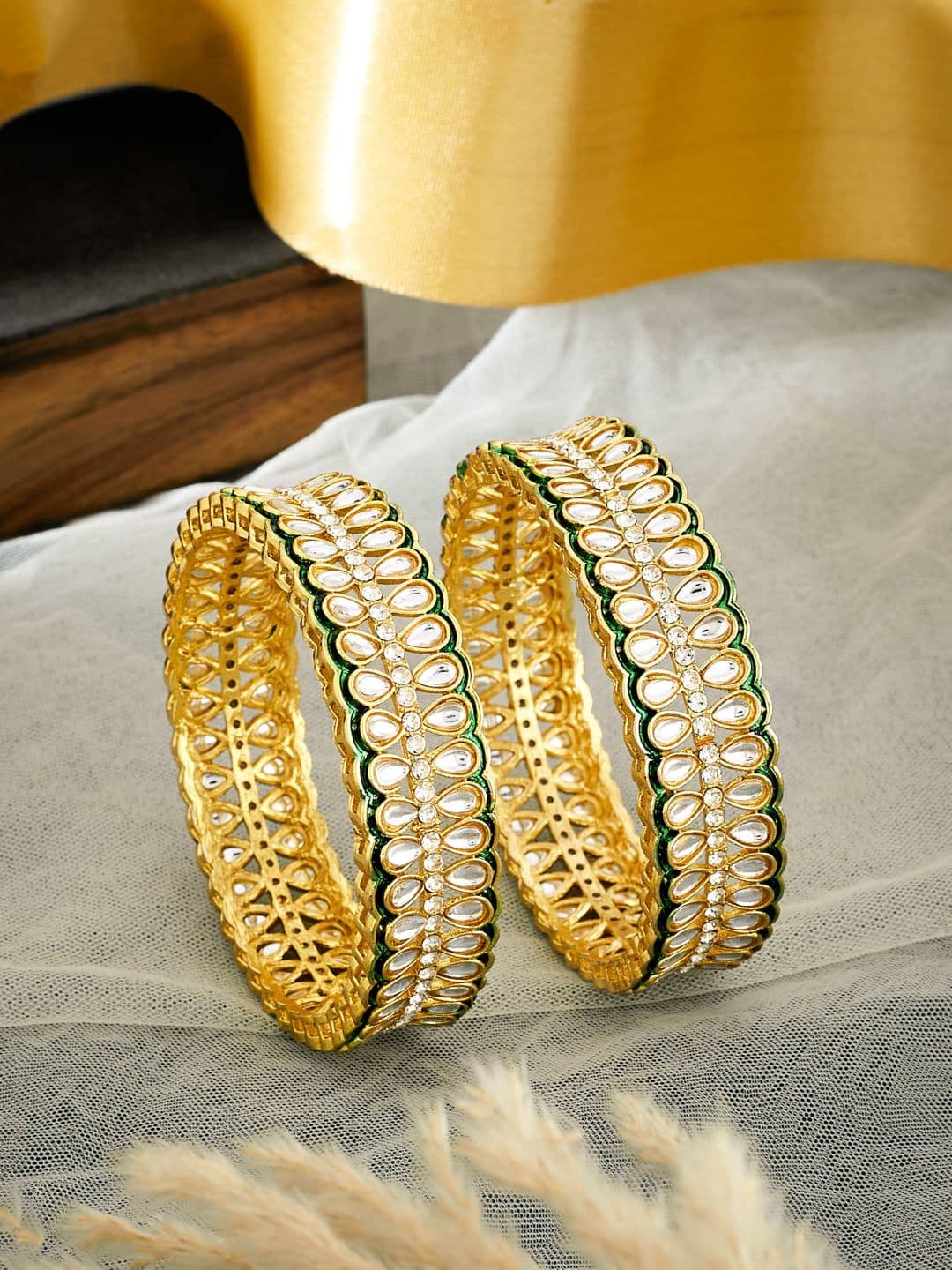 ATIBELLE Set Of 2 Gold Plated Kundan Studded Bangle - Image 1