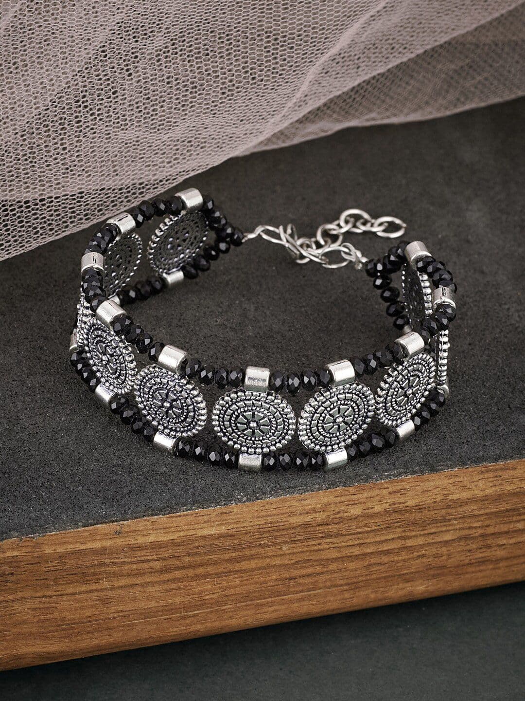 ATIBELLE Silver-Plated Beaded Oxidised Link Bracelet - Image 1