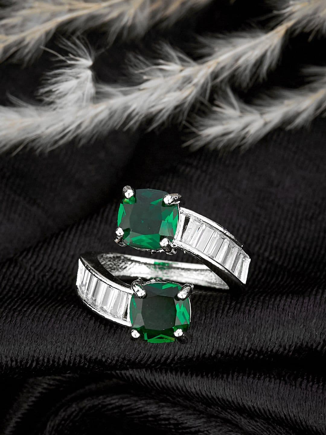 ATIBELLE Silver-Plated CZ Studded Adjustable Finger Ring - Image 1