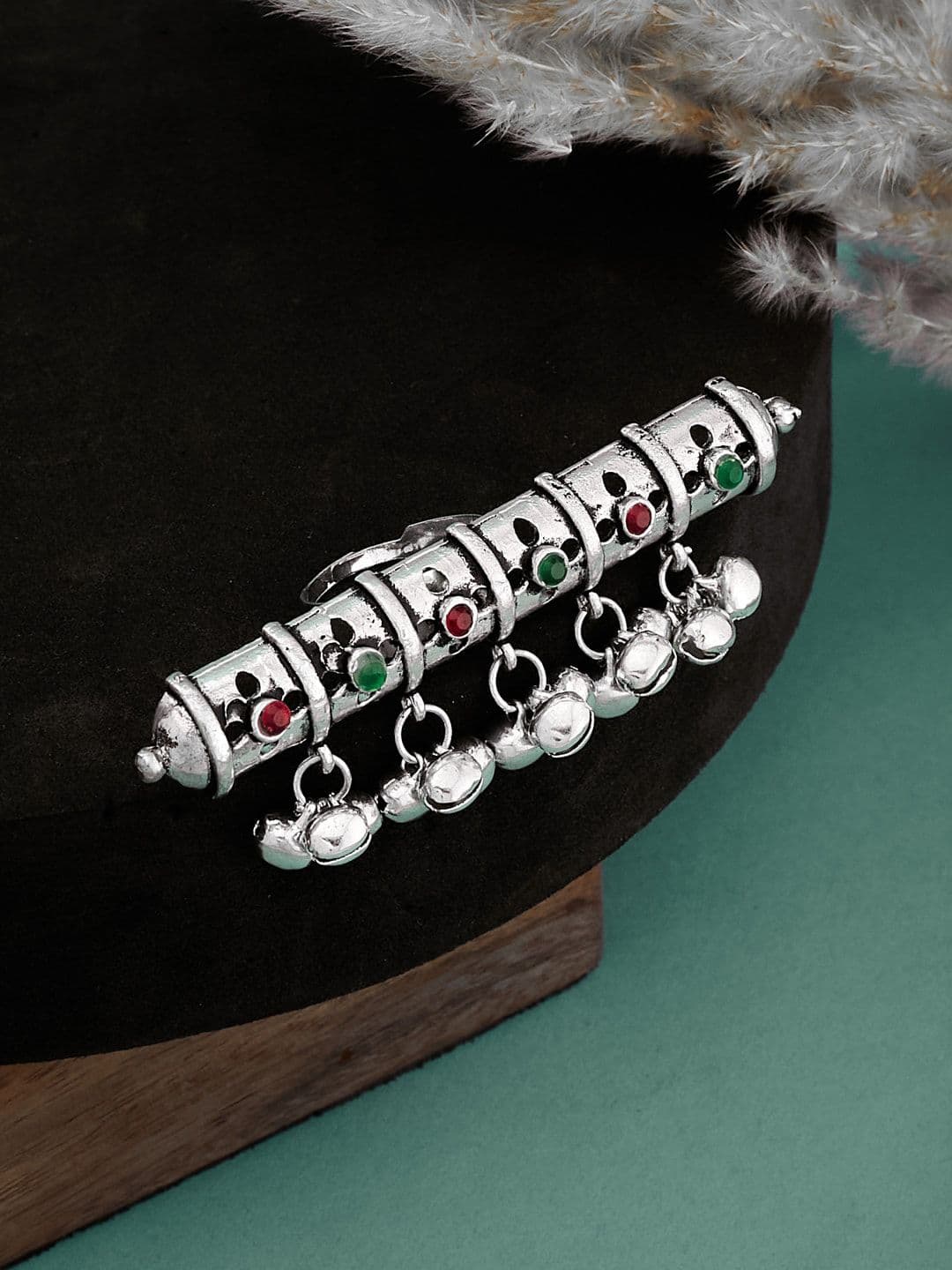 ATIBELLE Women German Silver-Plated Stone Studded Ghunghroo Beaded Finger Ring - Image 1