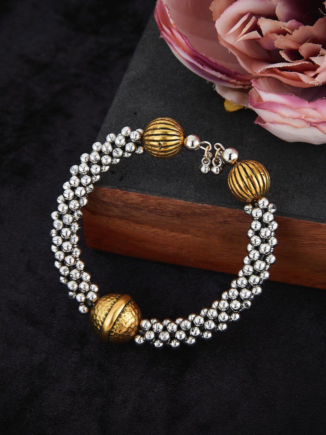 ATIBELLE Silver-Plated Beaded Bangle-Style Bracelet - Image 1