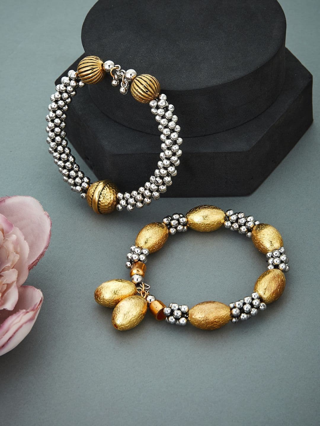 ATIBELLE Set of 2 Silver-Plated Beaded Bangle-Style Bracelet - Image 1