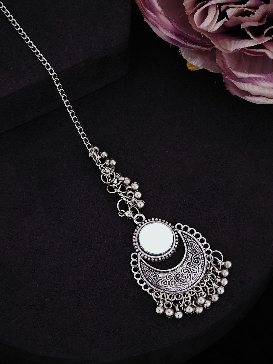 ATIBELLE Silver-Plated Mirror Stones-Studded and Beaded Maang Tikka - Image 1