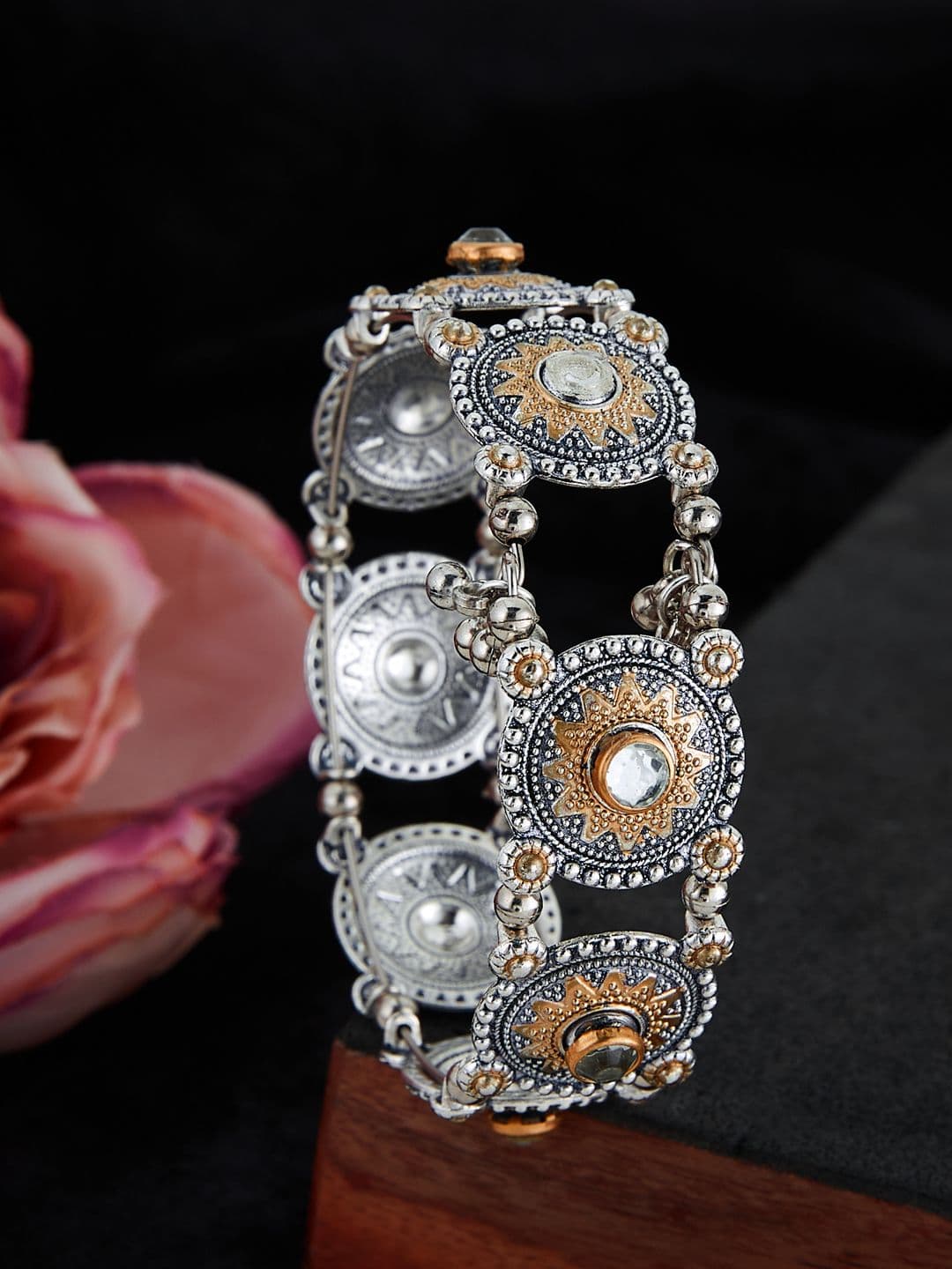 ATIBELLE Silver-Plated Kundan Studded Bangle-Style Bracelet - Image 1