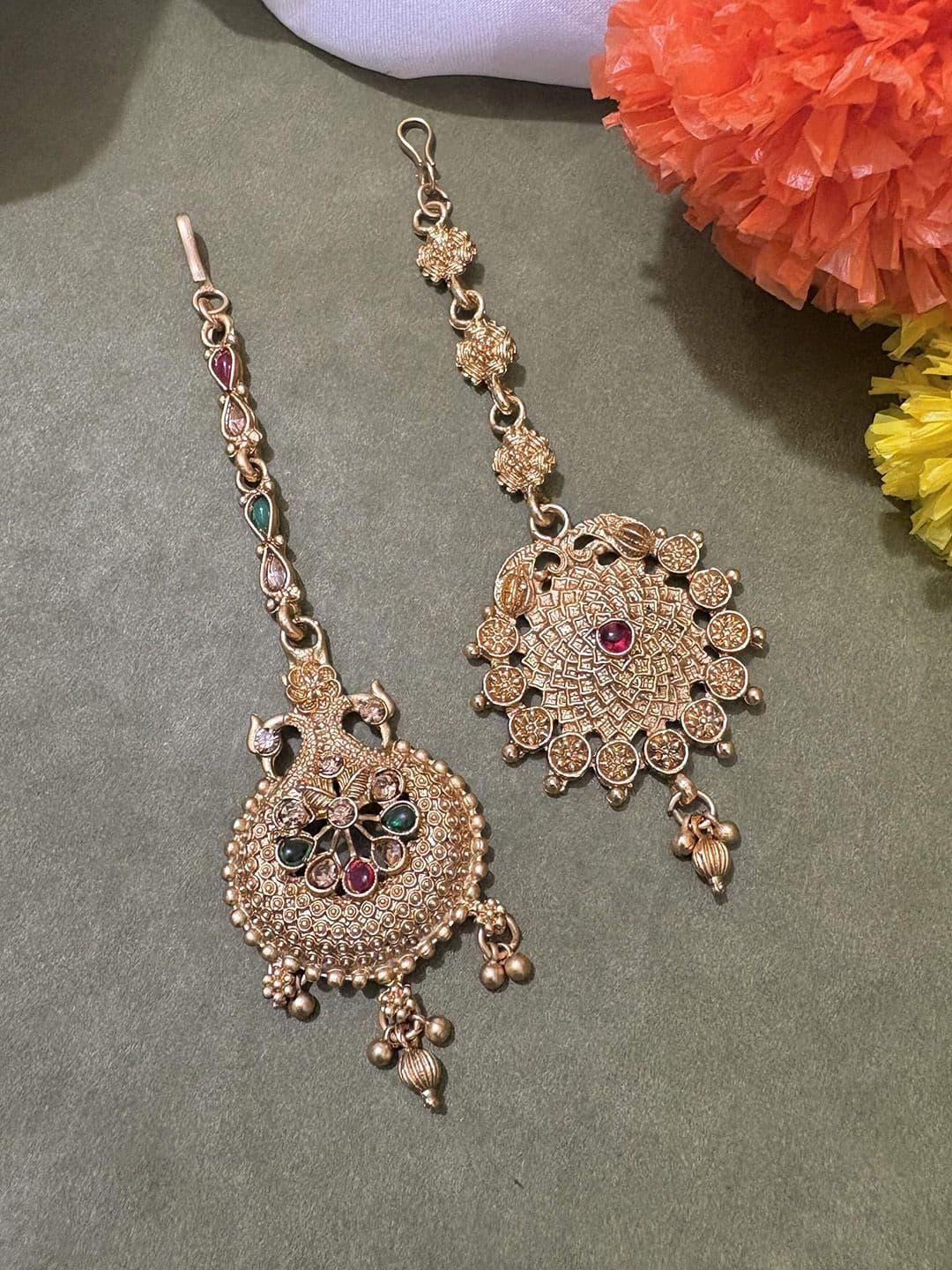 ATIBELLE Set of 2 Gold-Plated Stone Studded & Beaded Floral & Peacock Shaped Maang Tikkas - Image 1