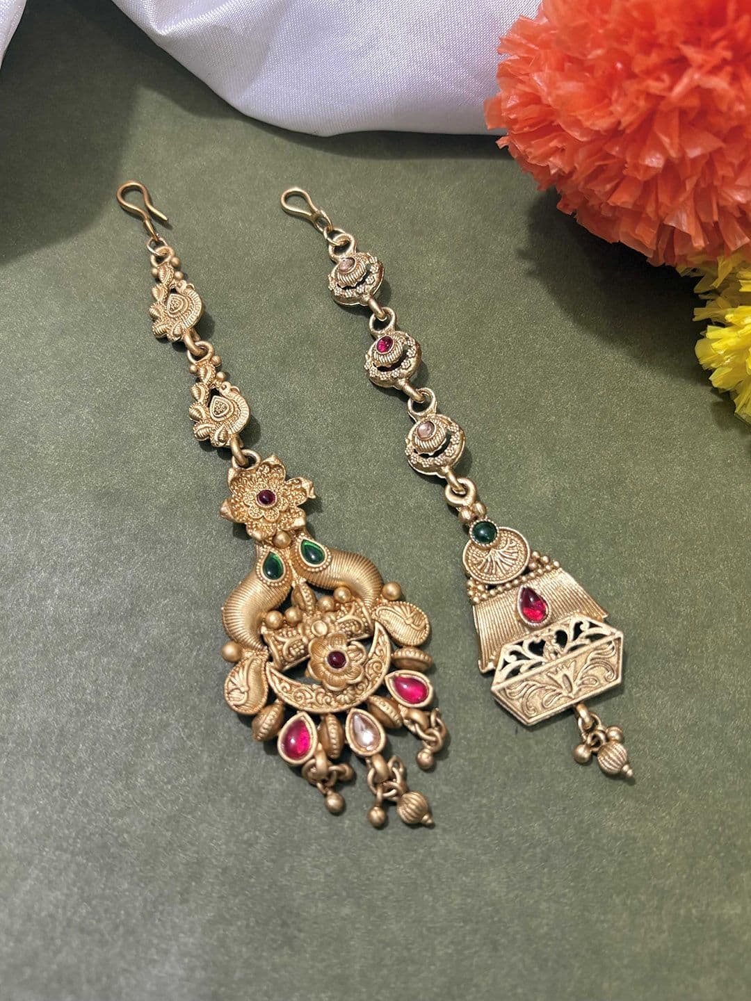 ATIBELLE Set Of 2 Gold-Plated Stone Studded Floral Shaped Maang Tikkas Head Jewellery - Image 1