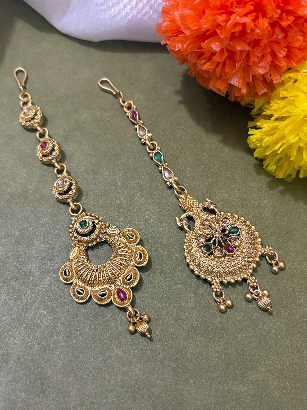 ATIBELLE Set Of 2 Gold-Plated Stone Studded Floral Shaped Maang Tikkas Head Jewellery - Image 1