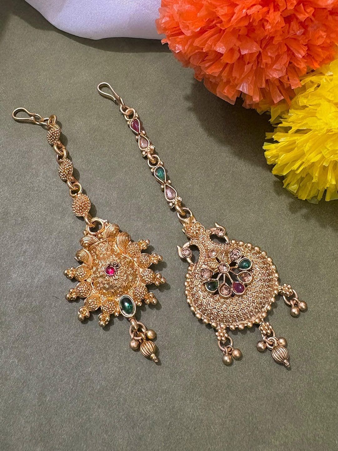 ATIBELLE Set of 2 Gold-Plated Stone Studded & Beaded Floral & Peacock Shaped Maang Tikkas - Image 1
