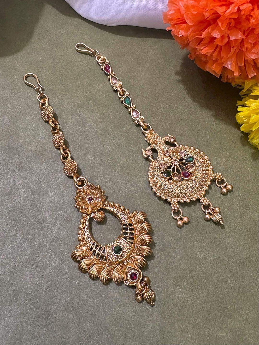 ATIBELLE Set of 2 Gold-Plated Stone Studded & Beaded Floral & Peacock Shaped Maang Tikkas - Image 1