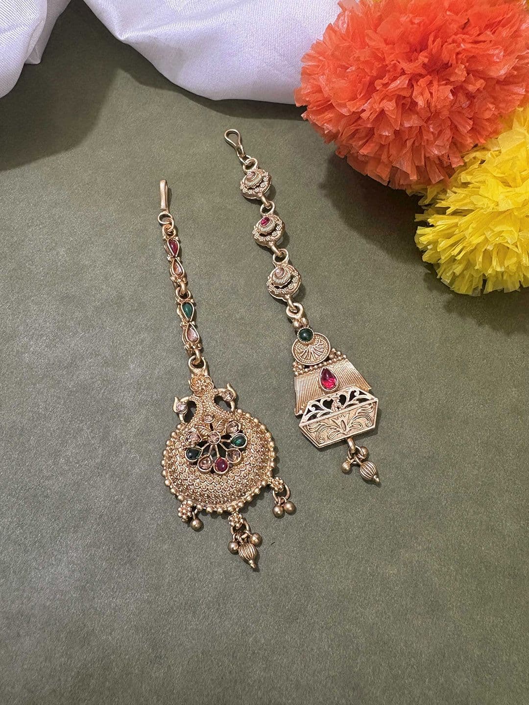 ATIBELLE Set of 2 Gold-Plated Stone Studded & Beaded Floral & Peacock Shaped Maang Tikkas - Image 1