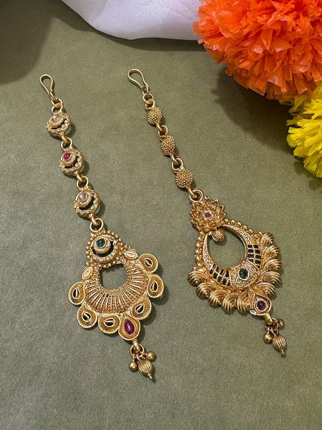 ATIBELLE Set of 2 Gold-Plated Stone Studded & Beaded Floral Shaped Maang Tikkas - Image 1