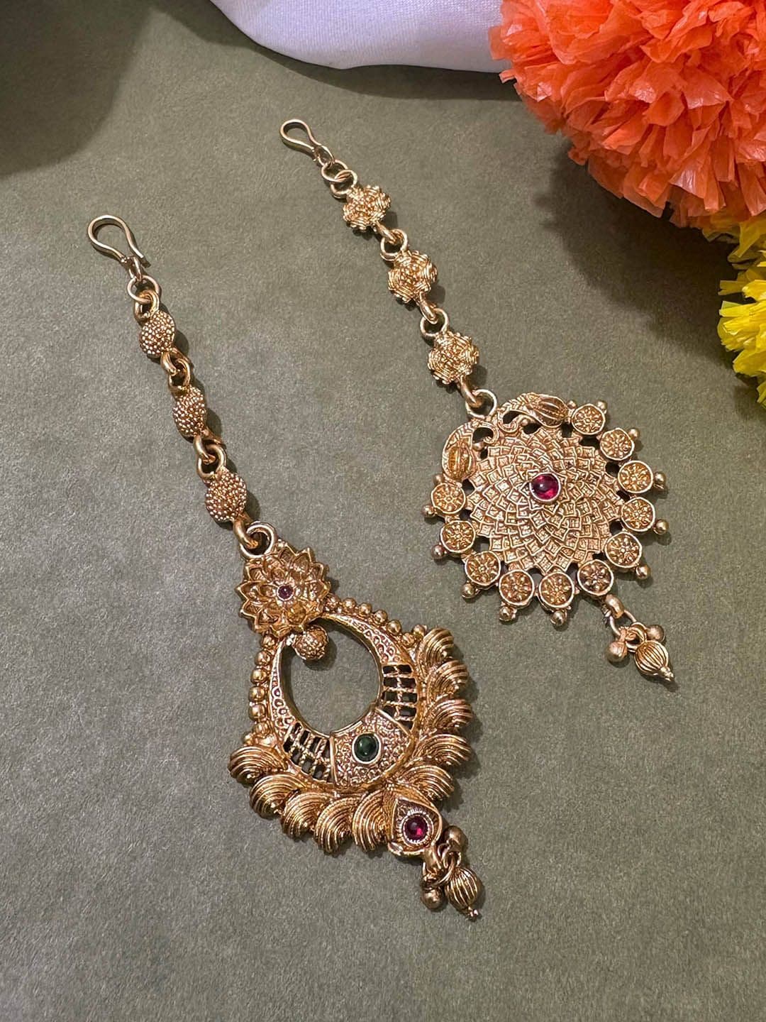 ATIBELLE Set Of 2 Gold-Plated Stone Studded Floral Shaped Maang Tikkas Head Jewellery - Image 1