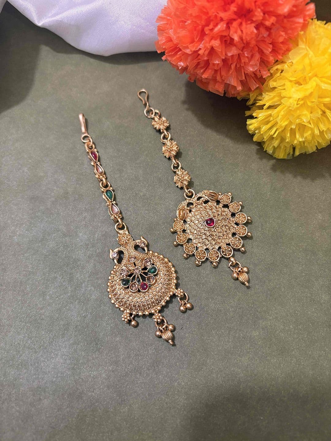 ATIBELLE Set Of 2 Gold-Plated Stone Studded Floral Shaped Maang Tikkas Head Jewellery - Image 1