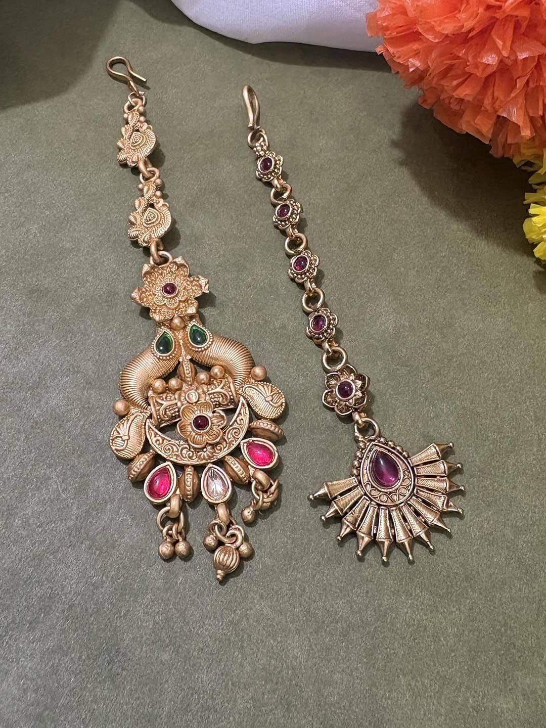 ATIBELLE Set of 2 Gold-Plated Stone Studded & Beaded Floral Shaped Maang Tikkas - Image 1