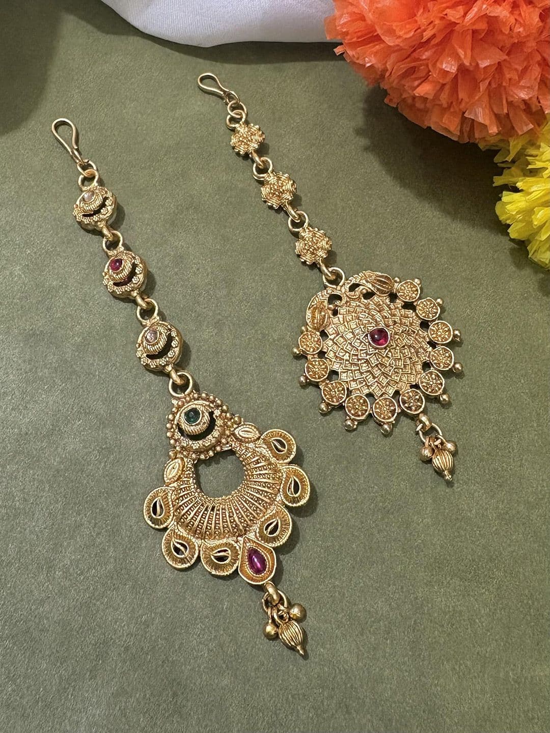 ATIBELLE Set of 2 Gold-Plated Stone Studded & Beaded Floral Shaped Maang Tikkas - Image 1
