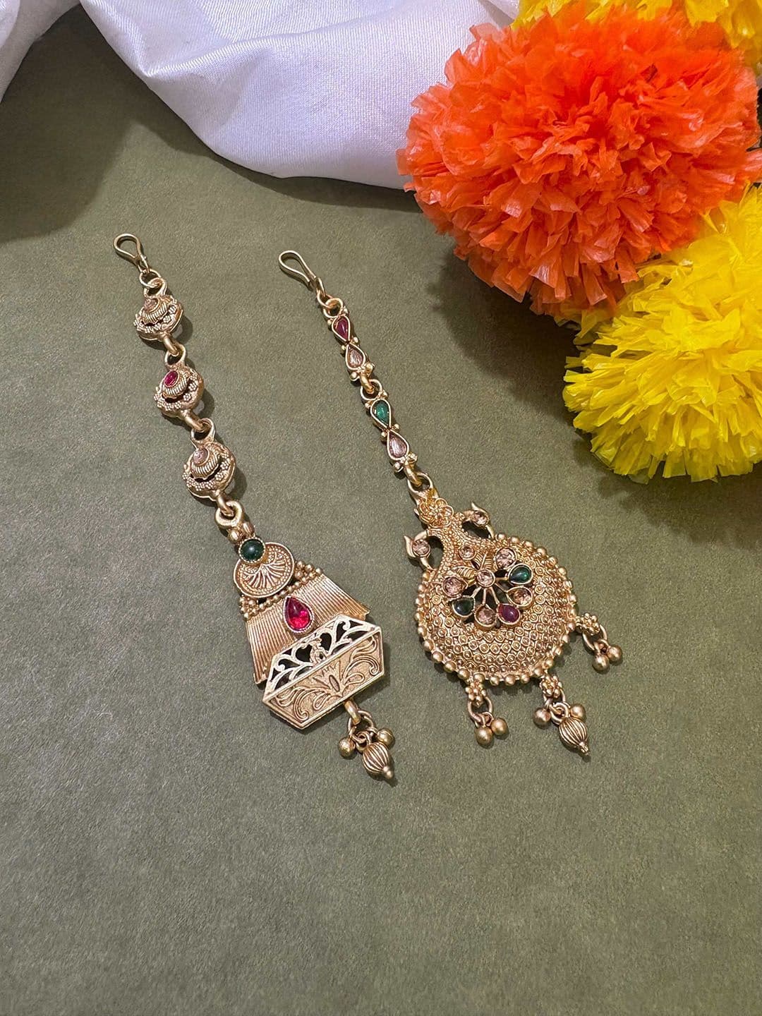ATIBELLE Set of 2 Gold-Plated Stone Studded & Beaded Floral & Peacock Shaped Maang Tikkas - Image 1