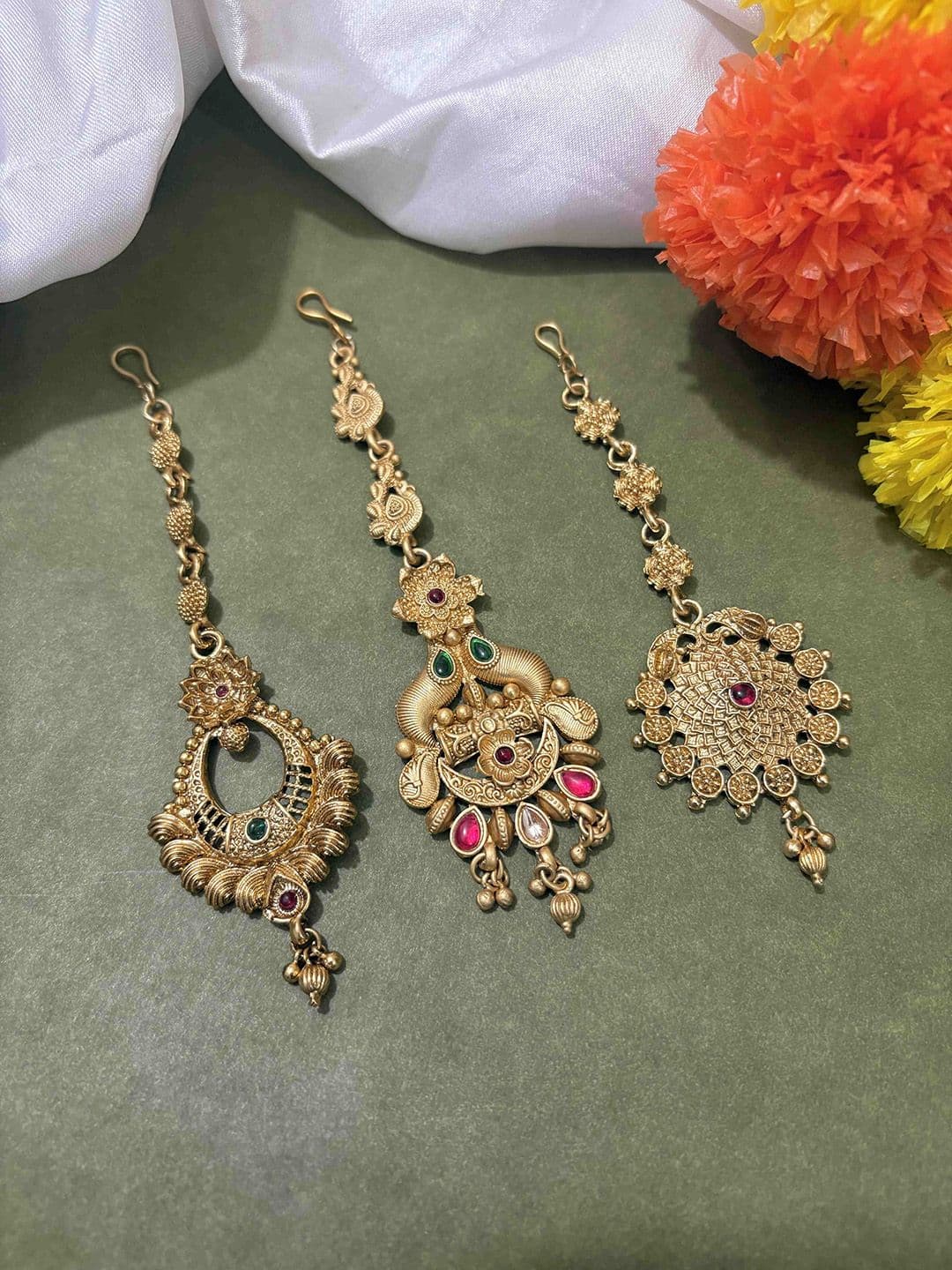 ATIBELLE Set Of 3 Gold-Plated Stone Studded Floral Shaped Maang Tikkas Head Jewellery - Image 1