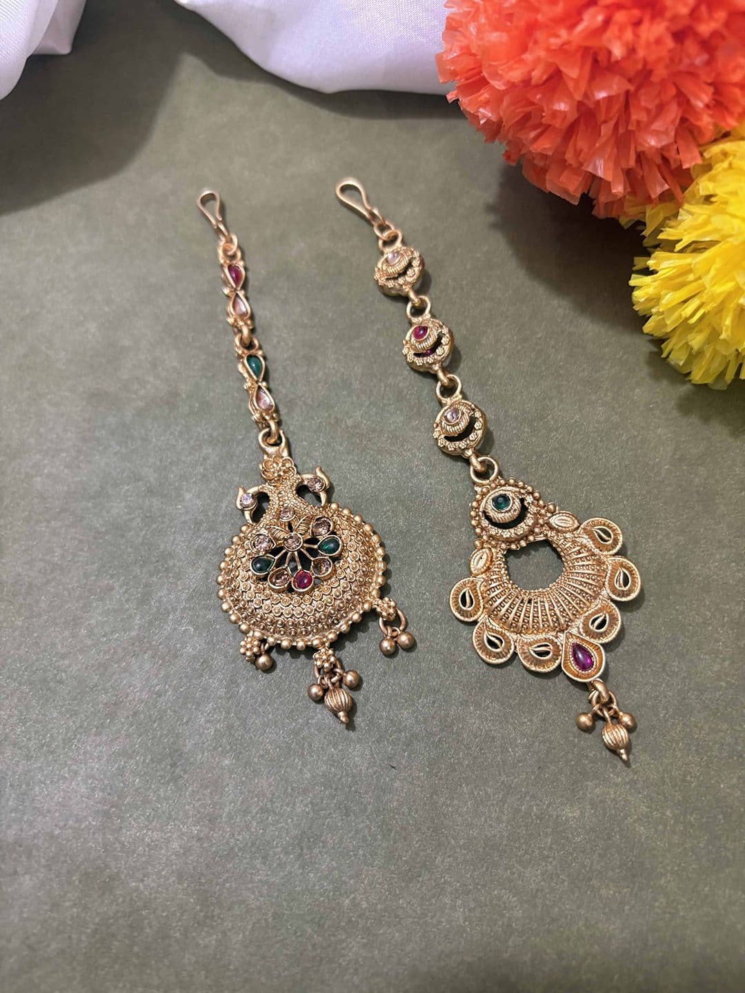 ATIBELLE Set Of 2 Gold-Plated Stone Studded Floral Shaped Maang Tikkas Head Jewellery - Image 1
