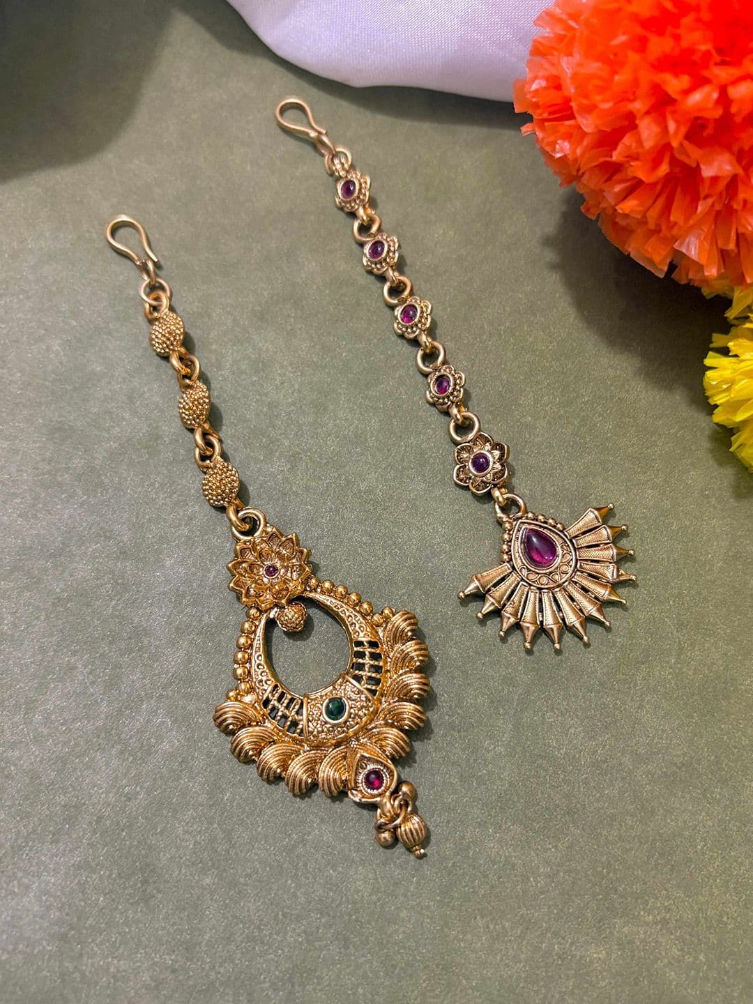 ATIBELLE Set of 2 Gold-Plated Stone Studded & Beaded Floral Shaped Maang Tikkas - Image 1