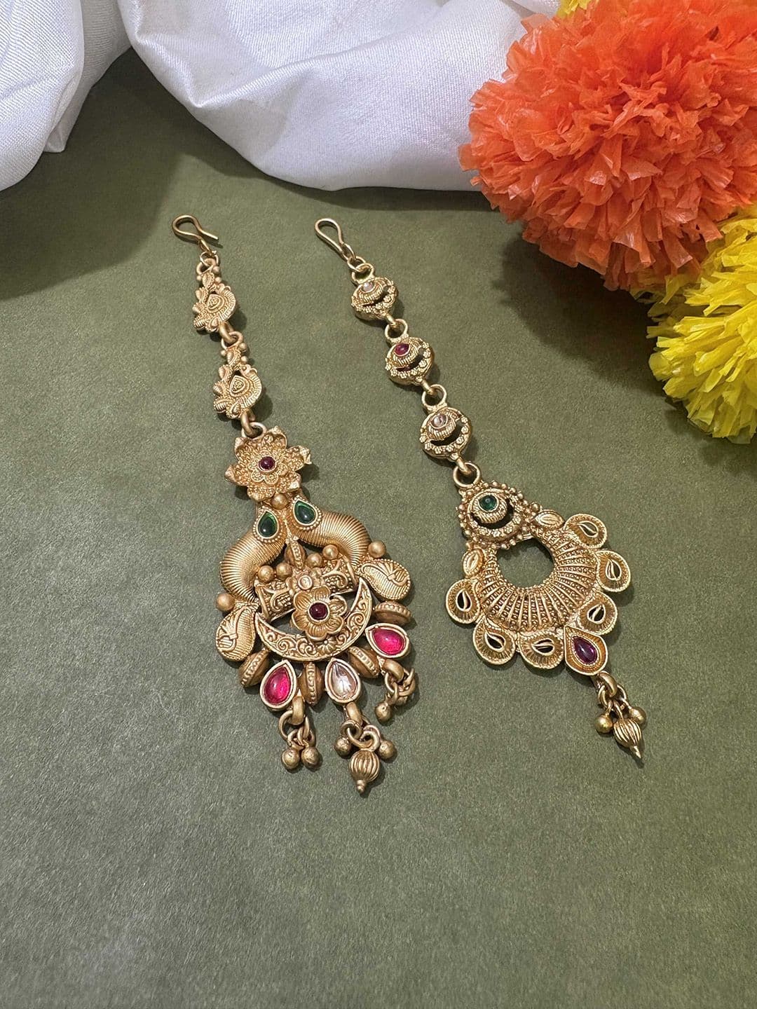 ATIBELLE Set of 2 Gold-Plated Stone Studded & Beaded Floral Shaped Maang Tikkas - Image 1