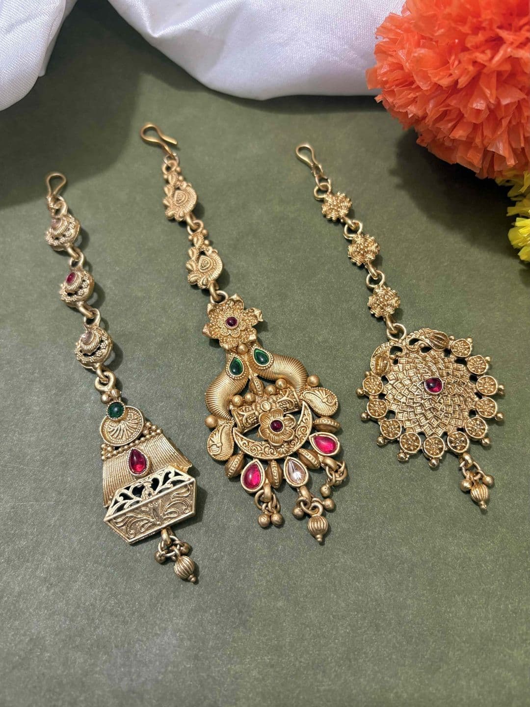 ATIBELLE Set Of 3 Gold-Plated Stone Studded Floral Shaped Maang Tikkas Head Jewellery - Image 1