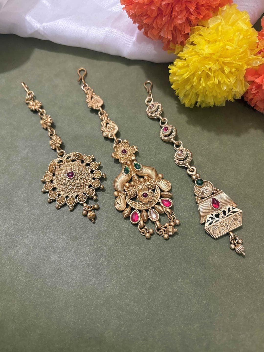 ATIBELLE Set of 3 Gold-Plated Stone Studded & Beaded Floral Shaped Maang Tikkas - Image 1
