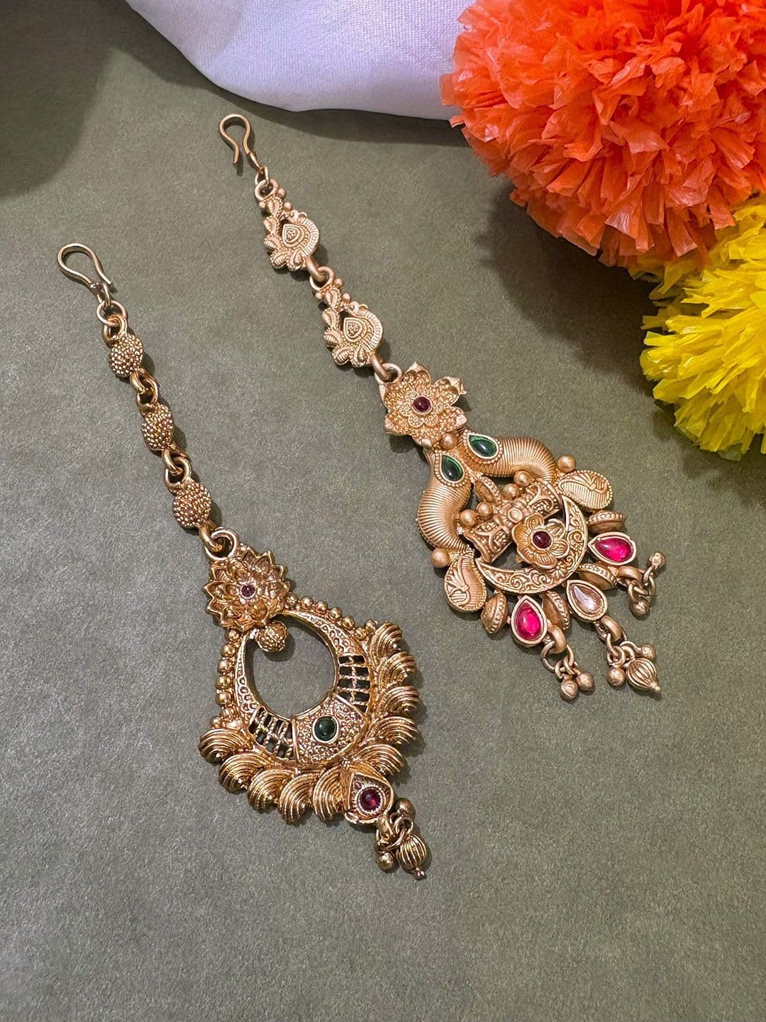 ATIBELLE Set of 2 Gold-Plated Stone Studded & Beaded Floral Shaped Maang Tikkas - Image 1