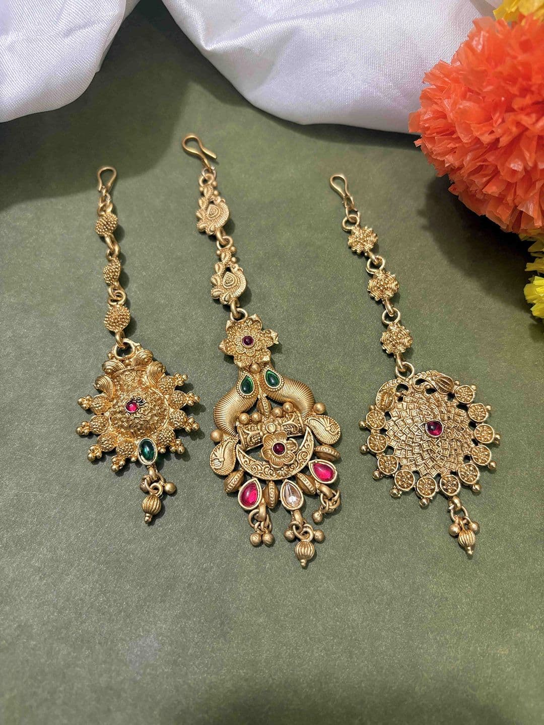 ATIBELLE Set of 3 Gold-Plated Stone Studded & Beaded Floral Shaped Maang Tikkas - Image 1